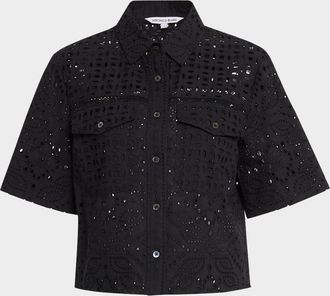 Veronica Beard Spruce Button-Front Eyelet Top