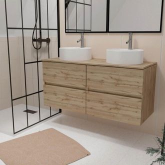Aurlane Aurlane - Mobile Bagno 120cm 4 Cassetti Rovere Naturale + 2 Lavabi Rotondi &oslash; 41cm Ceramica Bianca