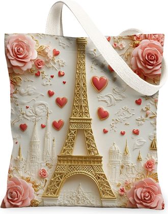 Generic Paris Tower Floral Canvas Tote Bags, Rose Design Reusable Grocery Bags, Spring Vintage Elegant Lightweight Washable Canvas for Travel Beach 13x15 Inch