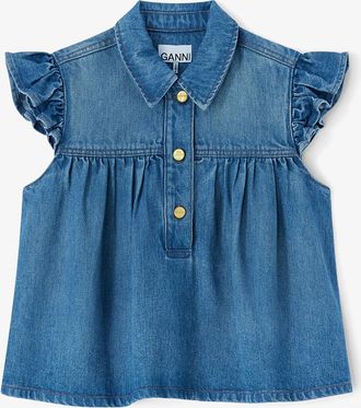 Ganni Blue Denim Ruffle Top - Size 36 Tencel