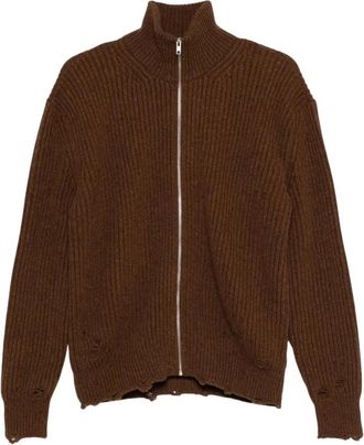 Maison Margiela Cardigan met rits en gerafelde randen - Heren - Truien - Bruin - Maat: XL Zijde