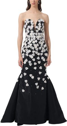 Carolina Herrera Embellished Deep V Column Trumpet Silk Gown