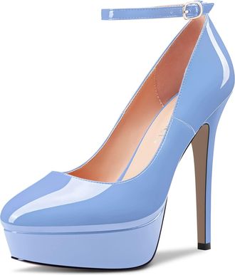 Castamere Women Stiletto High Platform Heel Round Toe Ankle Strap Pumps Court Shoe Slip-on Wedding Party Dress 13 CM Heels Light Blue 4 UK