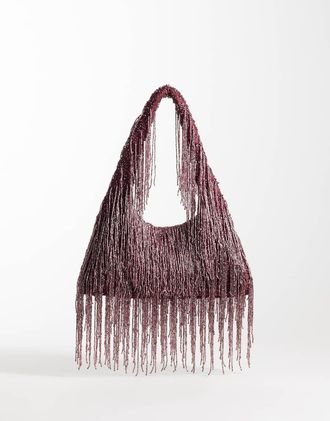 Asos Premium - Borsa da spalla bordeaux decorata con frange-Rosso