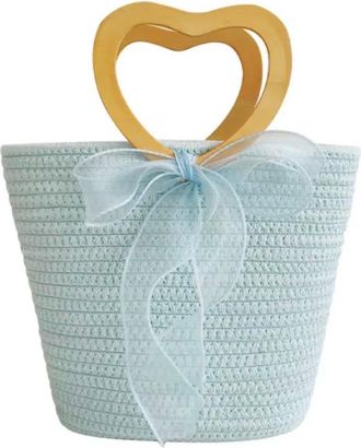 Generic Woven Straw Beach Tote beach Bag with Heart Handle, Bow Detail, Pastel Colours (4, Powder blue)