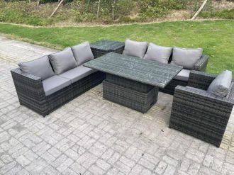 Fimous 7 Seater Wicker Garden Furniture Rattan Sofa Set Outdoor Adjustable Rising Lifting Dining Table Set Armchair in Dark Grey