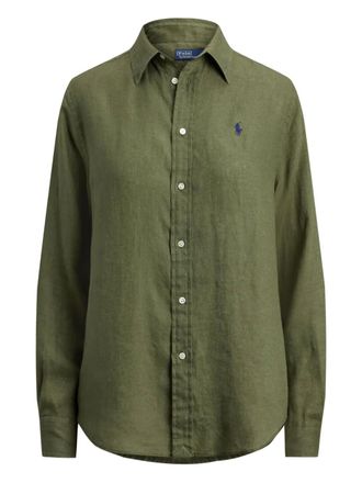 Polo Ralph Lauren Polo Pony long-sleeved linen shirt - women - Linen/Flax - L - Green