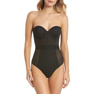 DKNY Sheers Strapless Underwire Bodysuit in Dk Black at Nordstrom, Size 34Dd