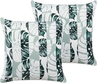 Beliani Beliani - Conjunto De 2 Cojines De Jard&iacute;n Almohada De Exterior 45 X 45 Cm Poli&eacute;ster Hojas Rayas Verde Termini