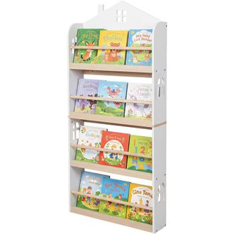 Relaxdays Relaxdays Kids Wall Bookshelf, H x W x D: 130 x 60 x 15 cm, 4 Compartments, House-shaped, White/Natural