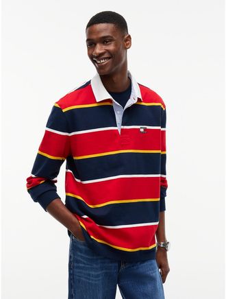 Tommy Hilfiger Mens Tommy Jeans Relaxed Striped Rugby Polo - Scarlet Flare Stripe - L