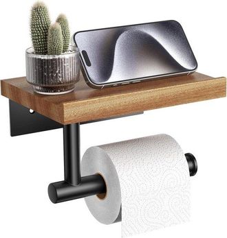 OEM Soporte Para Rollo De Papel Higi&eacute;nico Negro Con Estante De Madera - Soporte De Pared De Acero Inoxidable Para Ba&ntilde;o Y Aseo
