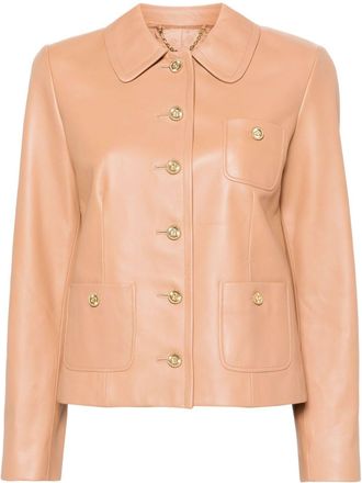 Gucci logo-buttons leather jacket - women - Lamb Skin/Viscose - 42 - Pink