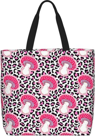 Generic Women Handbag Mushroom Pink Black Leopard Print Womens Tote Bag Girls Waterproof Shoulder Bags, For Birthday, Graduation, Swim, Christmas, Gym