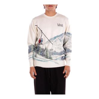 Saint Barth Round-neck Knitwear, male, Beige, Size: XL Logo Front Knit