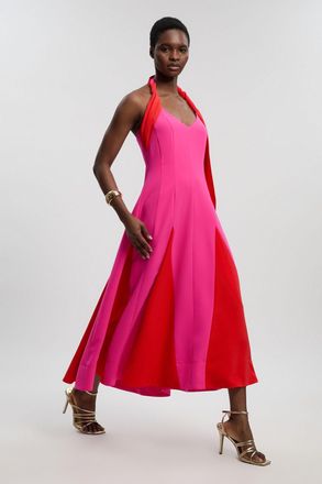 Karen Millen Womens Soft Tailored Colour Block Detail Halter Neck Maxi Dress - Pink - Size 16 UK