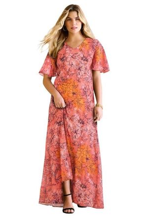 Roaman's Plus Size Hand Crinkled Flutter-Sleeve Maxi Dress in Coral Tie Dye Floral at Nordstrom, Size 16P