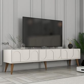 Dmora Mueble Tv Scafa, 3 Puertas Abatibles, 3 Compartimentos, 180x35x44h Cm Blanco Crema