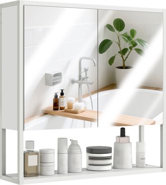 HOMCOM Industrial Bathroom Cabinet With 2 Mirrored Doors Open Shelf - White | TJ Hughes