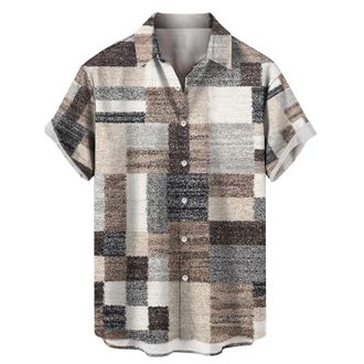 Generic Vintage Checked Shirt Mens, Short Sleeve Beach Shirts Lightweight Breathable Summer Holiday Shirts Smart Casual Button Down Shirt Color Block Loose Ha
