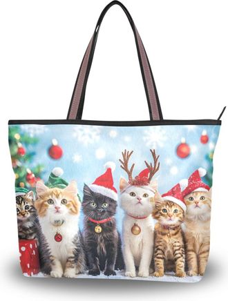 Alaza Large Tote Bag, Women Shoulder Bag Big Capacity Casual Handbags, Christmas Cat Shopping Tote with Pockets Zip,L