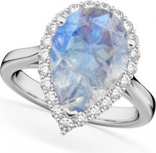 Allurez Pear Cut Halo Moonstone & Diamond Engagement Ring 14K White Gold 4.69ct