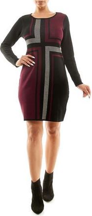 Nina Leonard Long Sleeve Sweater Dress in Wine/Black/Grey at Nordstrom Rack, Size X-Large