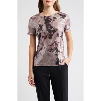 Anne Klein Floral Print Sequin T-Shirt in Flamingo Multi at Nordstrom, Size Xx-Small