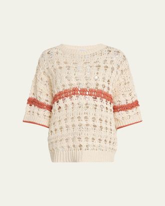 Brunello Cucinelli Stripe Cotton-Jute Open Knit Short-Sleeve Sweater
