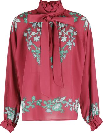 La DoubleJ Burgundy Cerere High-Necked Ribbon-Draped Viscose Blouse