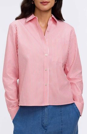 Foxcroft Jodie Stripe Cotton Button-Up Shirt in Coral Reef Red at Nordstrom, Size X-Large