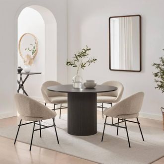Furniturebox Penrose Round Black Wood Dining Table 4 Nella Chairs in Beige
