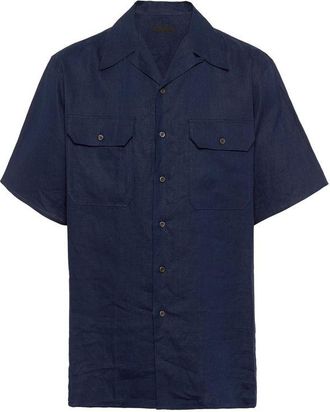 Prada Blue Linen Shortsleeve Mens Shirt