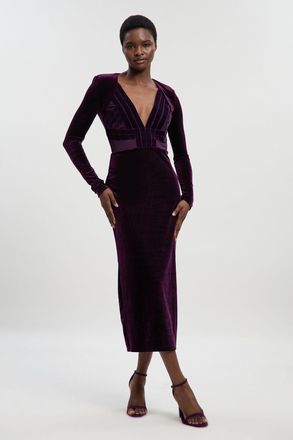 Karen Millen Womens Petite Stretch Velvet Taping Detail Mesh Plunge Neck Cut Out Back Midi Dress - Purple Nylon - Size X-Small