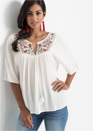 Bonprix Tunika BONPRIX, Damen, Gr. 52, weiss (wollwei&szlig;), Obermaterial: 100% Viskose, A-Linie, Tuniken Tunika, Casual Stil, A-Linie Passform, Kurzarm-Design, m