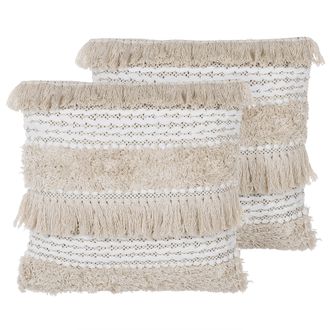 Beliani Beliani - Conjunto De Cojines Decorativos Beige Patr&oacute;n A Rayas 45 X 45 Cm Con Borlas Decoraci&oacute;n Boho Retro Villur