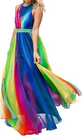 Generic Womens Boho Maxi Rainbow Dress - V Neck Sundress for Summer, UK Pride Skirt, Wedding Guest Dress