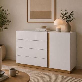 Dmora Credenza Halana, Aparador 4 Cajones, Un Estante, Puerta Batiente, Deslizante, 138x40x91h Cm Blanco Brillante
