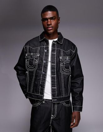 True Religion Super T - Giacca oversize lavaggio nero spalmato in coordinato