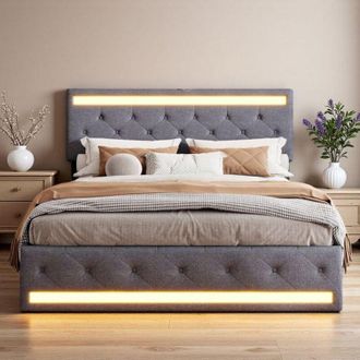 OEM Cama Doble 180x200 - Cofre Y Cajones - Iluminaci&oacute;n Led - Dise&ntilde;o Moderno - Gris Antracita