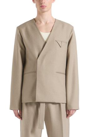 Mani&egrave;re De Voir Colin Collarless Double Breasted Minimal Blazer in Beige at Nordstrom, Size Medium