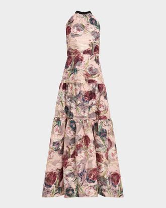 Milly Gizelle Tiered Floral Brocade Halter Gown