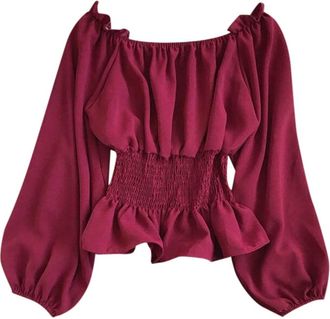 Generic Women Victorian Tops Off Shoulder Trumpet Sleeve Ruffle Long Sleeve Elastic Waist Renaissance Tops Blouse Retro Gothic Steampunk Medieval Tops Fancy D