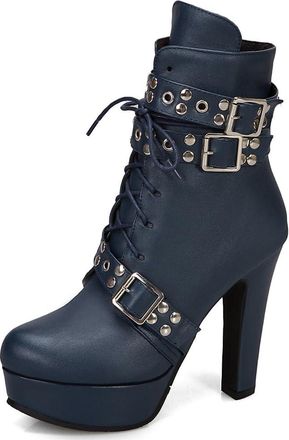Generic Womens Gothic Platform Ankle Boots Faux Leather High Block Heel Studded Straps Lace Up Combat Style Casual Streetwear and Travel,Blue,6.5 UK