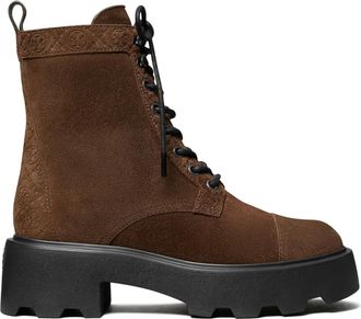 Tory Burch 65mm T-monogram ankle boots - women - Nappa Leather/Suede/Polyethylene vinyl acetate (PEVA) - 10.5 - Brown