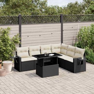 vidaXL Set De Sof&aacute;s De Jard&iacute;n 7 Pzas Con Cojines Rat&aacute;n Sint&eacute;tico Negro Vidaxl
