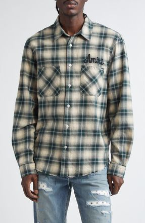 Amiri Shotgun Distressed Plaid Flannel Button-Up Shirt in Evergreen at Nordstrom, Size Xx-Large
