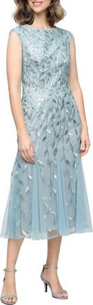 Alex Evenings Sequin Leaf Embroidery Cocktail Midi Dress in Ice Sage at Nordstrom, Size 16