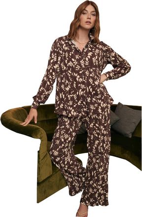 Jessica London Plisse Button-Front Blouse in Rich Brown Vines at Nordstrom, Size 26