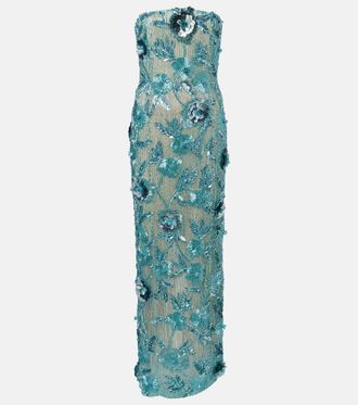 Rachel Gilbert Pierre embellished floral-appliqu&eacute; gown